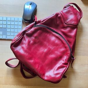 Red leather.Eugene Leatherworks red genuine leather backpack. Hand-made in USA.